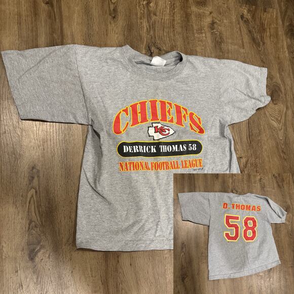 Vintage 1999 Kansas City Chiefs Gray Derrick Thomas T-Shirt Size Youth Large - Picture 1 of 7